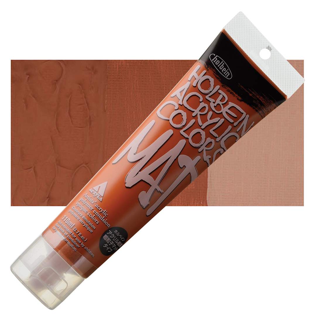 Open in modal - Holbein Mat Acrylic - Burnt Sienna, 110 ml tube and swatch
