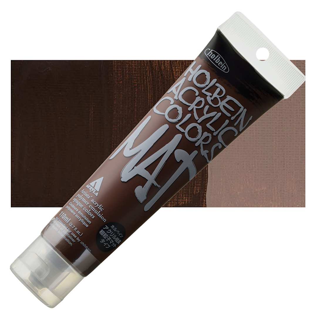 Open in modal - Holbein Mat Acrylic - Burnt Umber, 110 ml tube and swatch