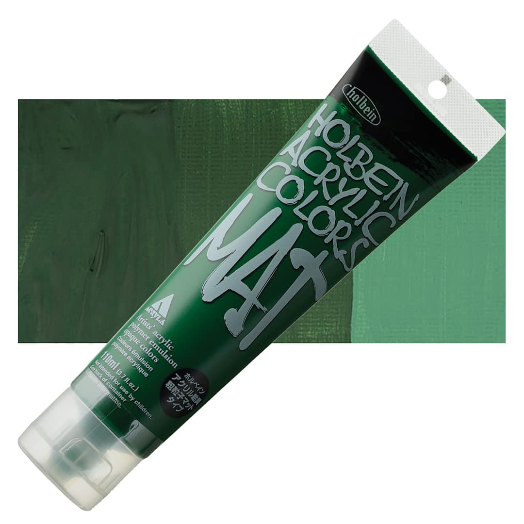 Open in modal - Holbein Mat Acrylic - Deep Green, 110 ml tube and swatch