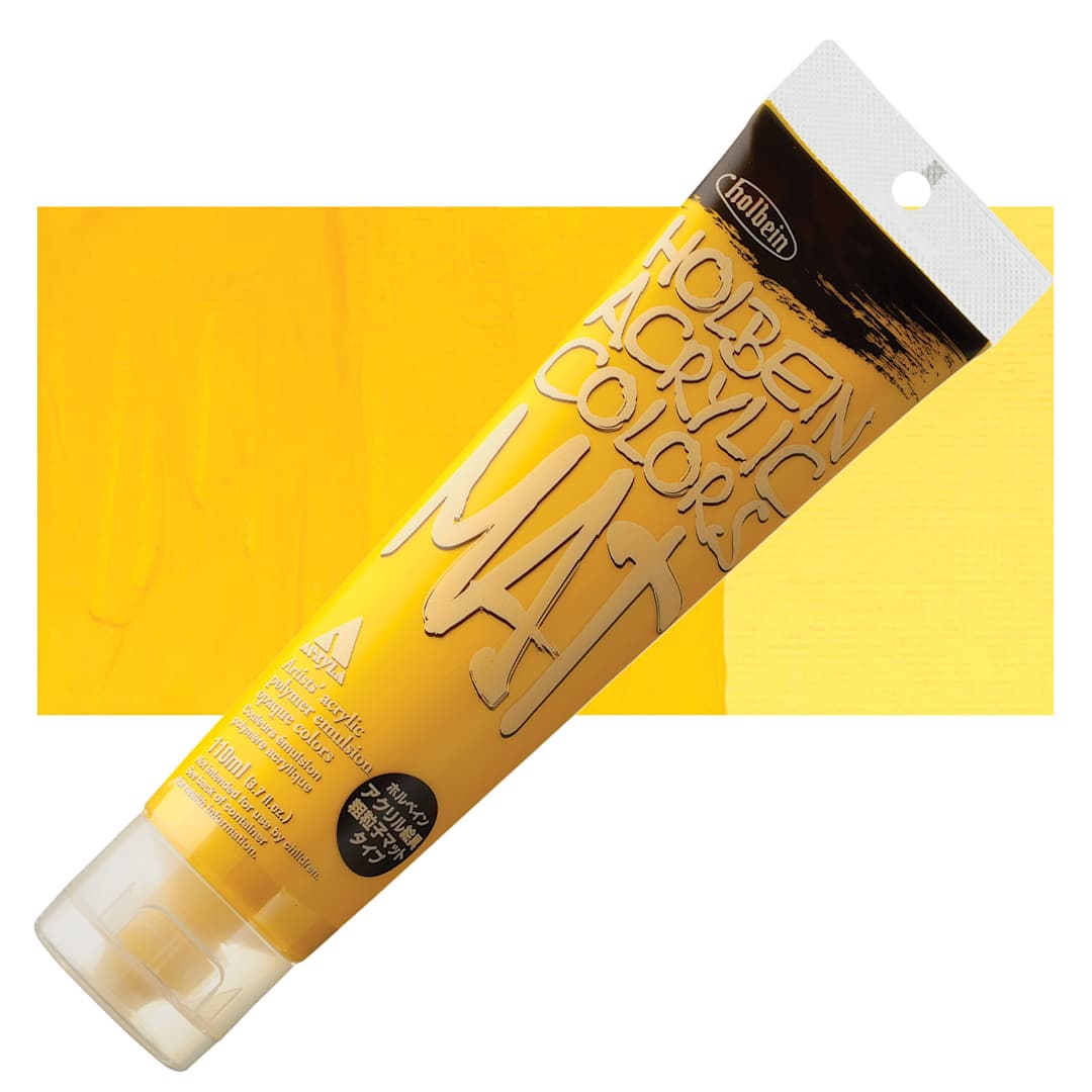 Open in modal - Holbein Mat Acrylic - Deep Yellow, 110 ml tube and swatch