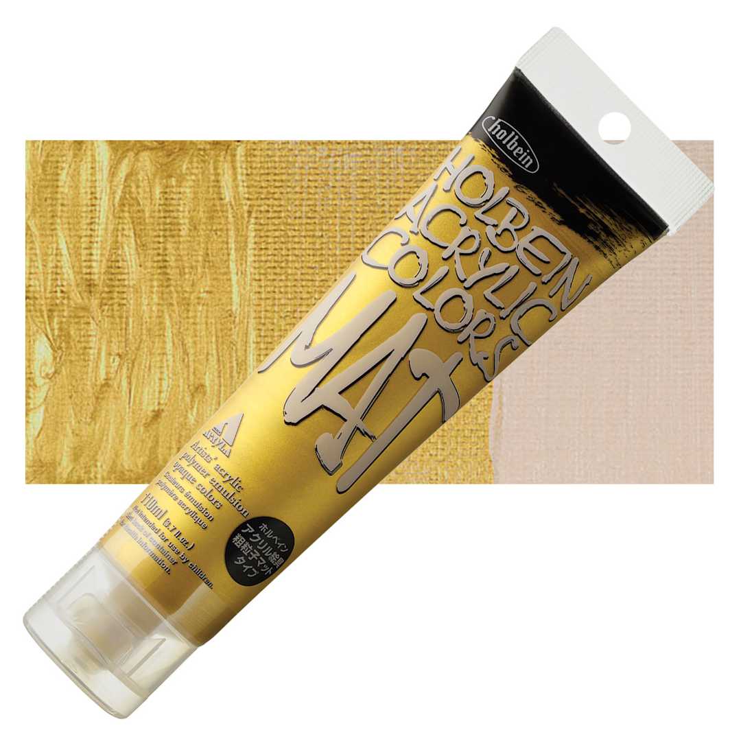Open in modal - Holbein Mat Acrylic - Fine Gold, 110 ml tube and swatch