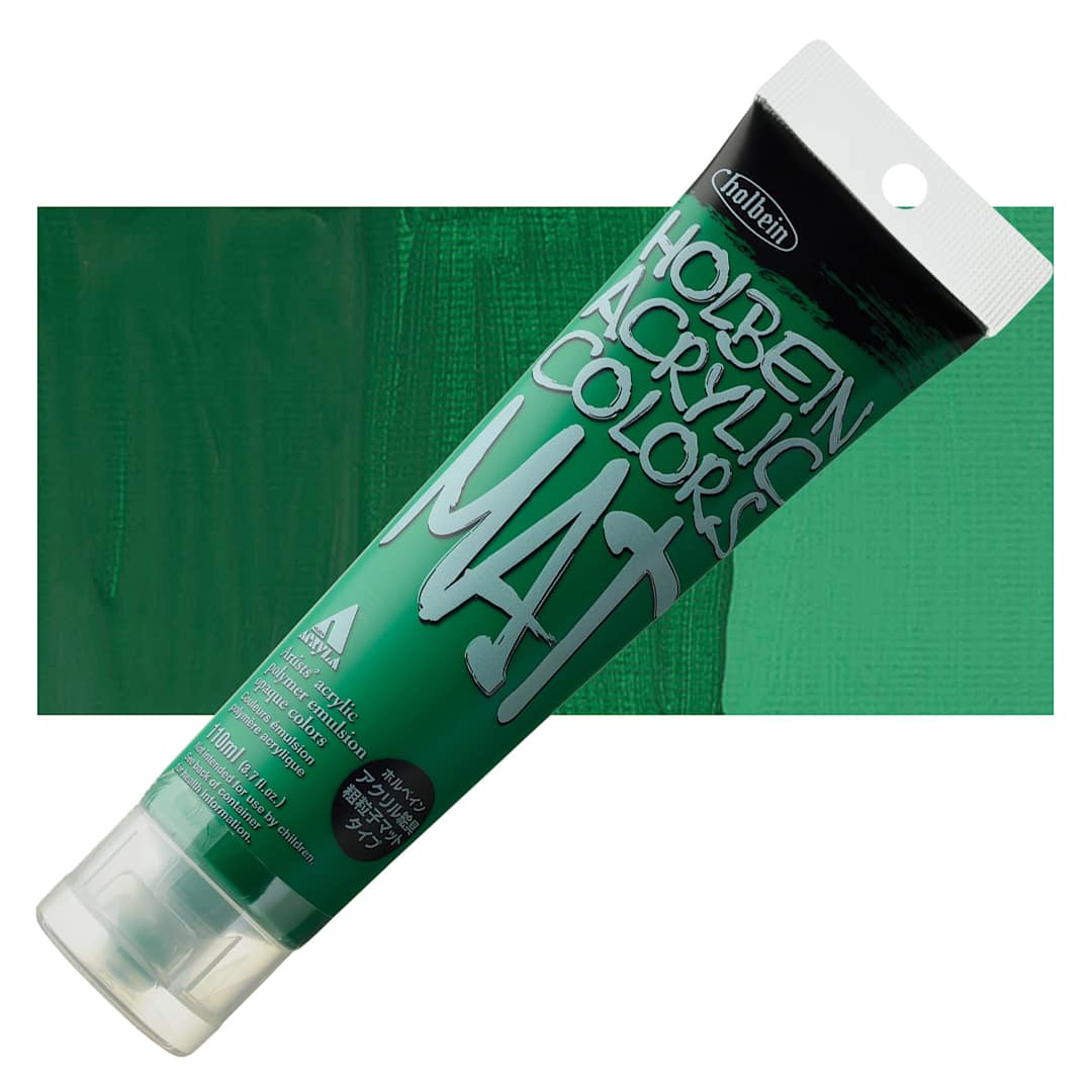 Open in modal - Holbein Mat Acrylic - Green, 110 ml tube and swatch