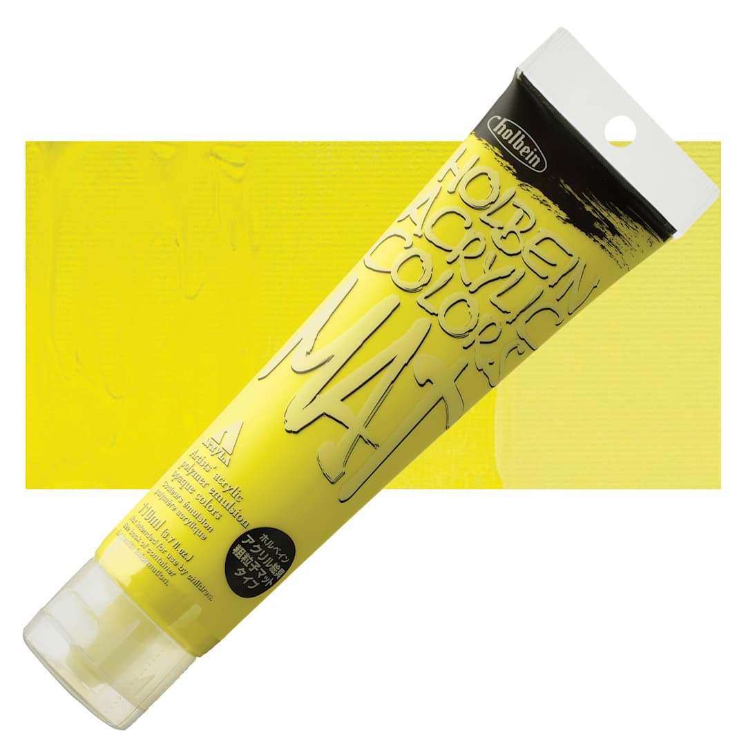 Open in modal - Holbein Mat Acrylic - Lemon Yellow, 110 ml tube and swatch