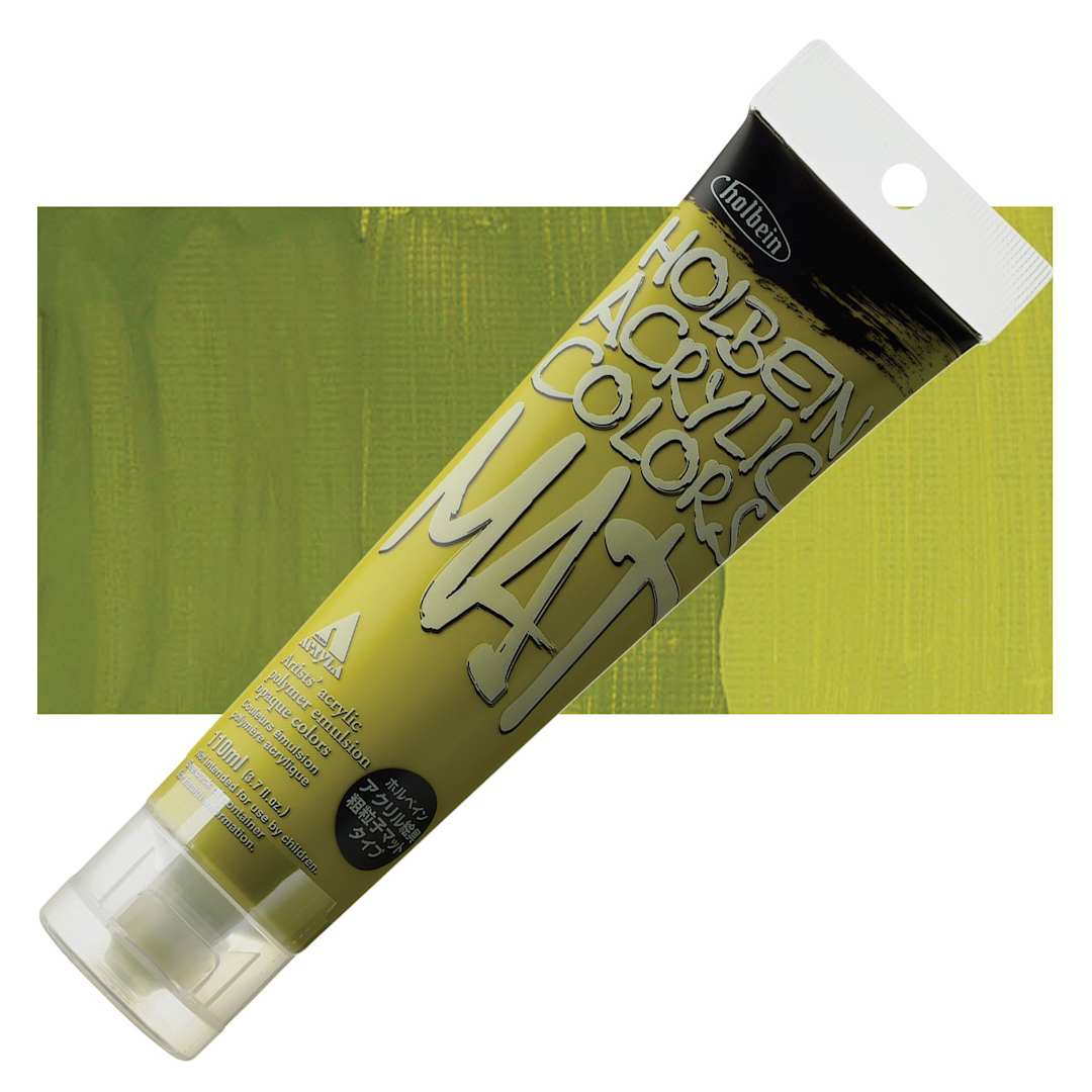 Open in modal - Holbein Mat Acrylic - Olive, 110 ml tube and swatch
