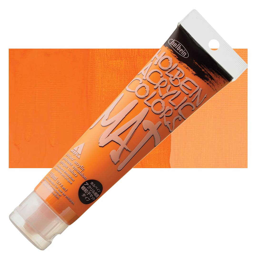 Open in modal - Holbein Mat Acrylic - Orange, 110 ml tube and swatch