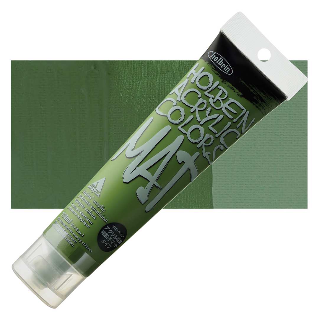 Open in modal - Holbein Mat Acrylic - Terre Verte, 110 ml tube and swatch