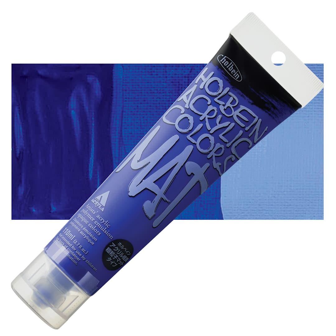 Open in modal - Holbein Mat Acrylic - Ultramarine Deep, 110 ml tube and swatch