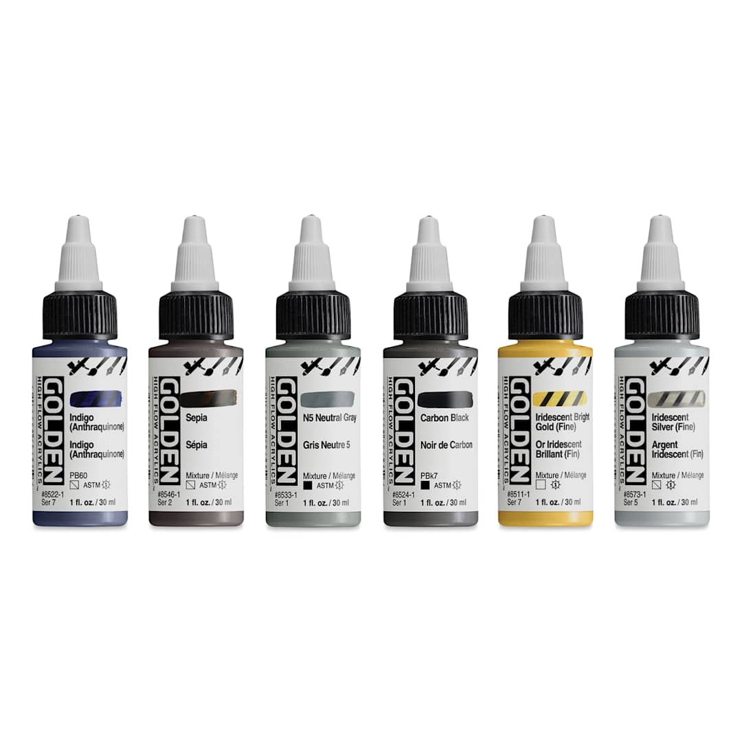 Open in modal - Golden High Flow Acrylics - Drawing and Lettering Set of 6, Assorted Colors, 30 ml Bottles (out of packaging)