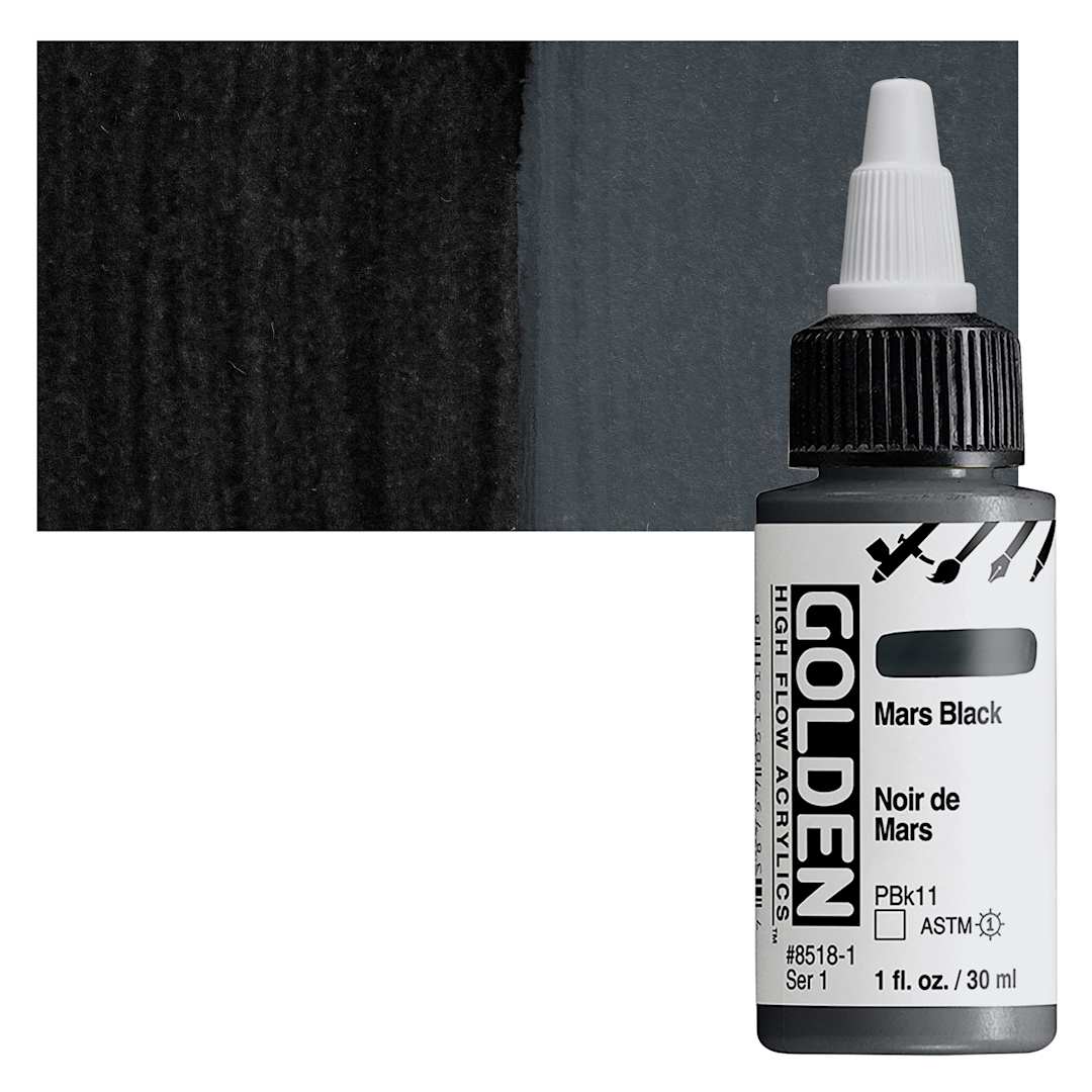Open in modal - Golden High Flow Acrylic Paint - Mars Black, 1 oz bottle and swatch
