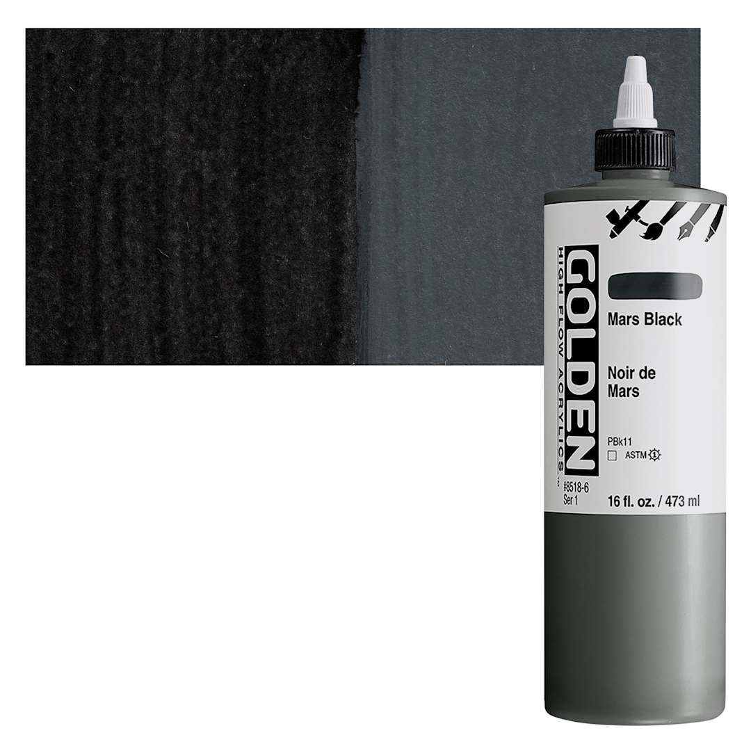 Open in modal - Golden High Flow Acrylic Paint - Mars Black, 16 oz bottle and swatch