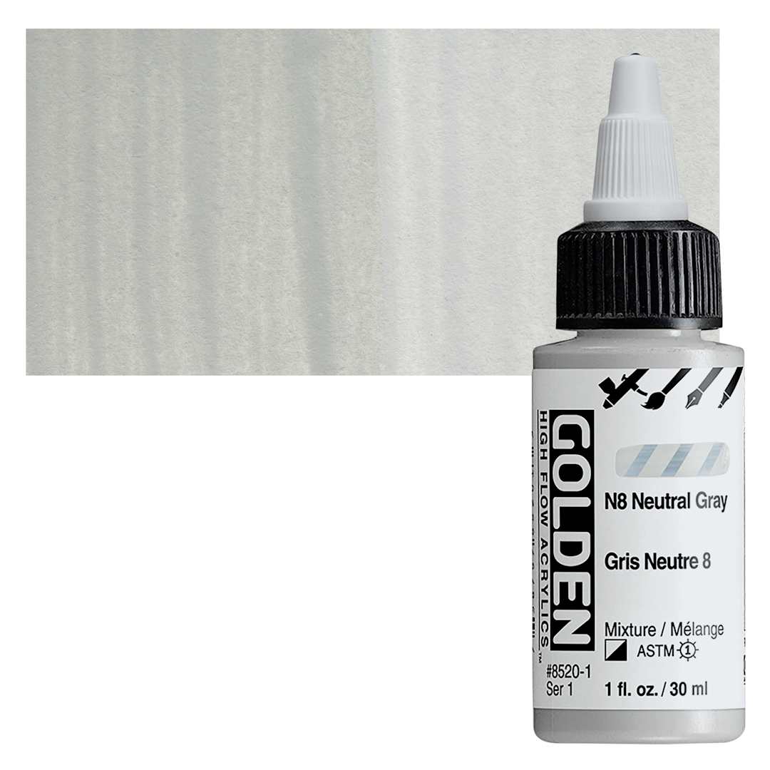 Open in modal - Golden High Flow Acrylic Paint - Neutral Gray N8, 1 oz bottle and swatch