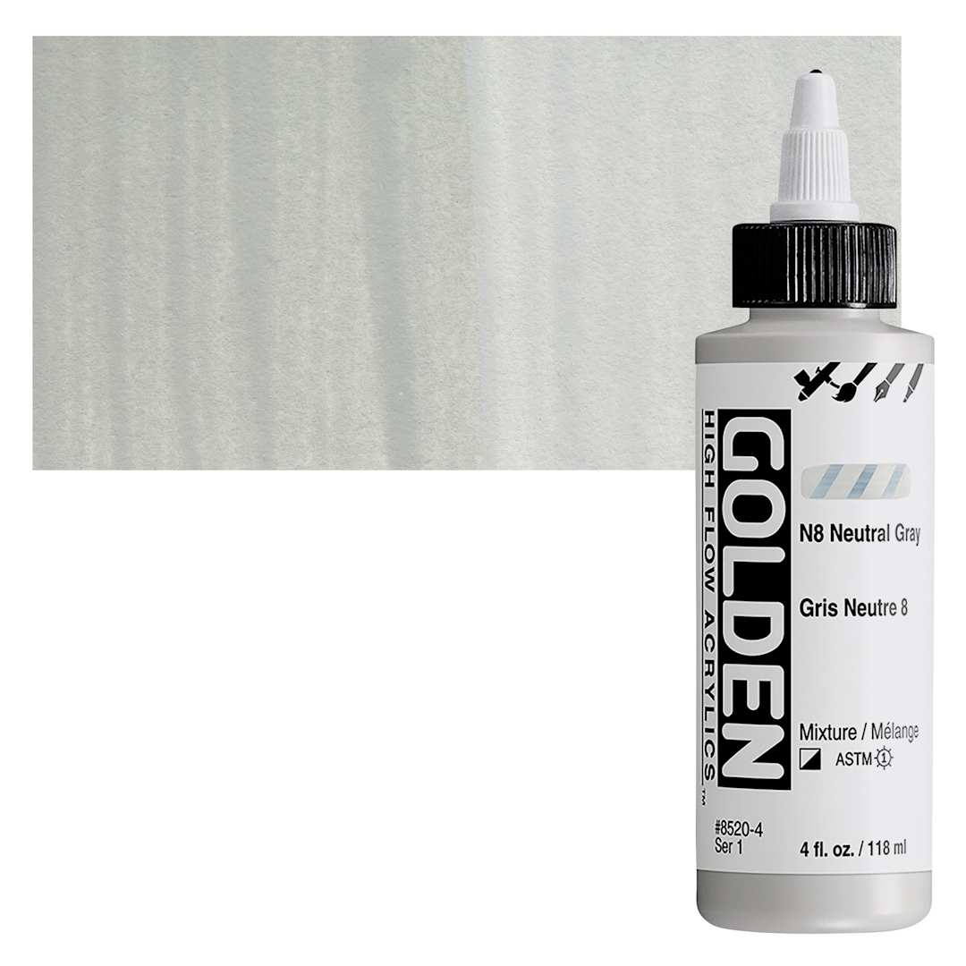 Open in modal - Golden High Flow Acrylic Paint - Neutral Gray N8, 4 oz bottle and swatch
