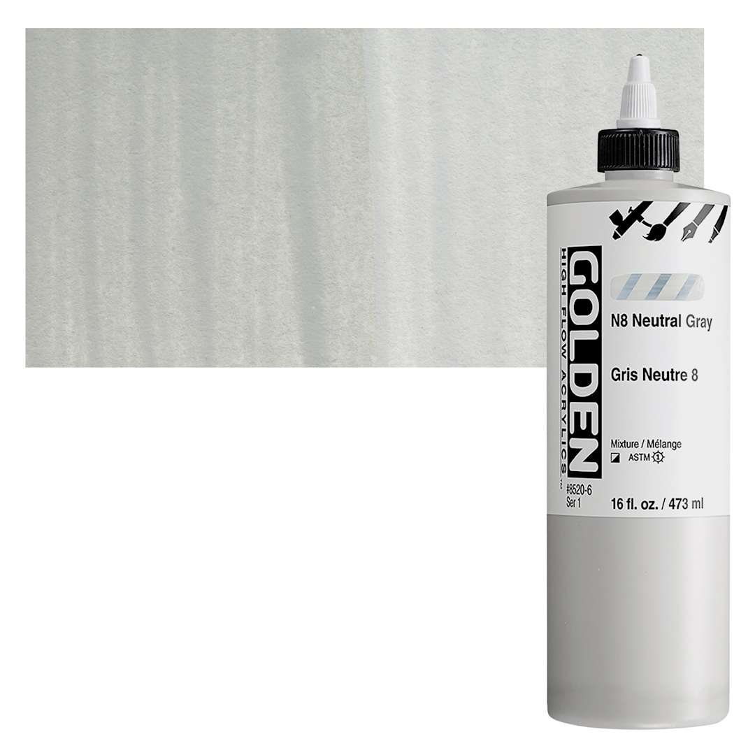 Open in modal - Golden High Flow Acrylic Paint - Neutral Gray N8, 16 oz bottle and swatch