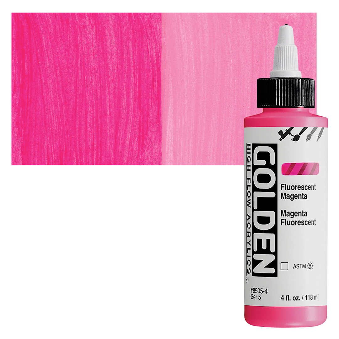 Open in modal - Golden High Flow Acrylic Paint - Fluorescent Magenta, 4 oz bottle and swatch
