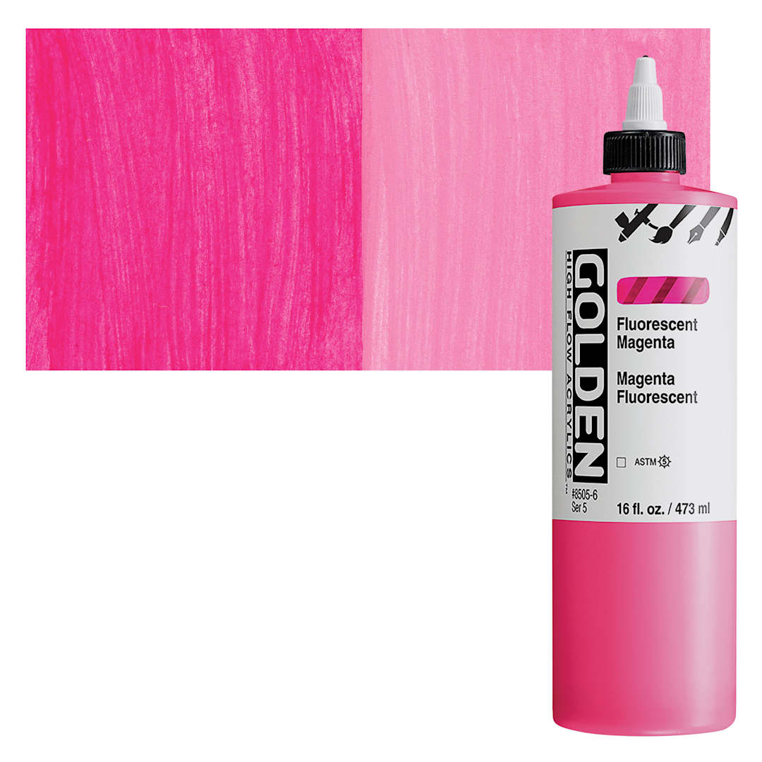 Open in modal - Golden High Flow Acrylic Paint - Fluorescent Magenta, 16 oz bottle and swatch