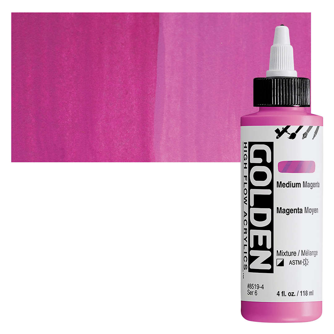 Open in modal - Golden High Flow Acrylic Paint - Medium Magenta, 4 oz bottle and swatch