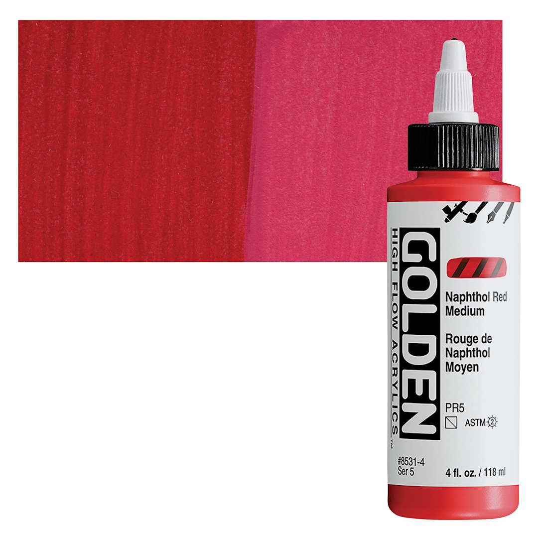 Open in modal - Golden High Flow Acrylic Paint - Naphthol Red Medium, 4 oz bottle and swatch