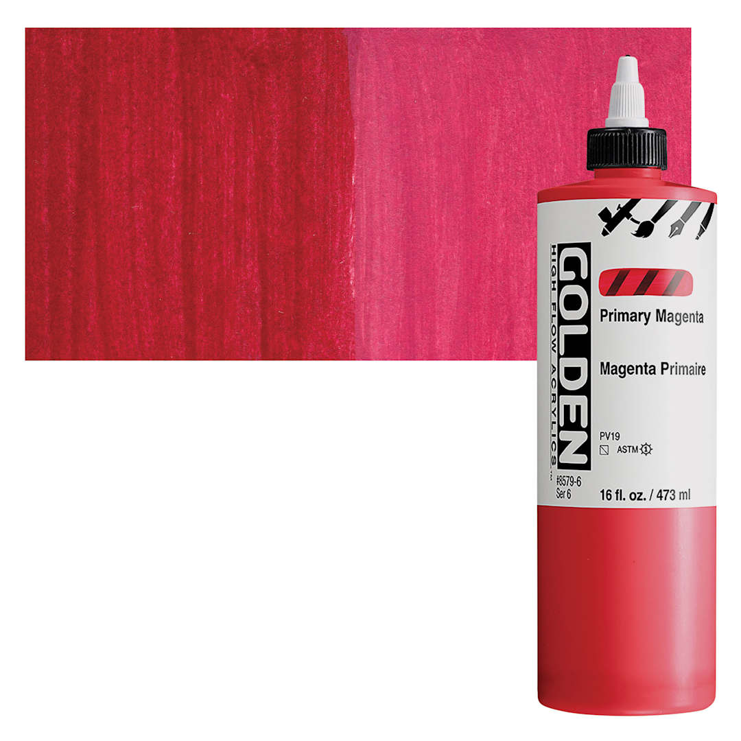 Open in modal - Golden High Flow Acrylic Paint - Primary Magenta, 16 oz bottle and swatch
