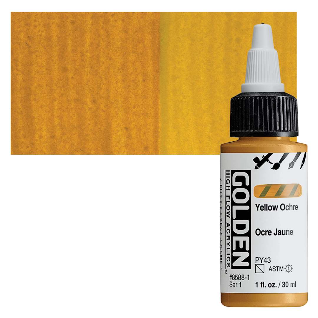 Open in modal - Golden High Flow Acrylic Paint - Yellow Ochre, 1 oz bottle and swatch