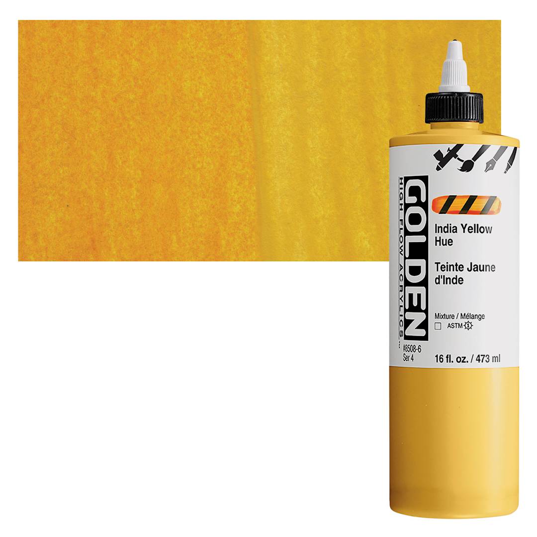 Open in modal - Golden High Flow Acrylic Paint - Indian Yellow Hue, 16 oz bottle and swatch