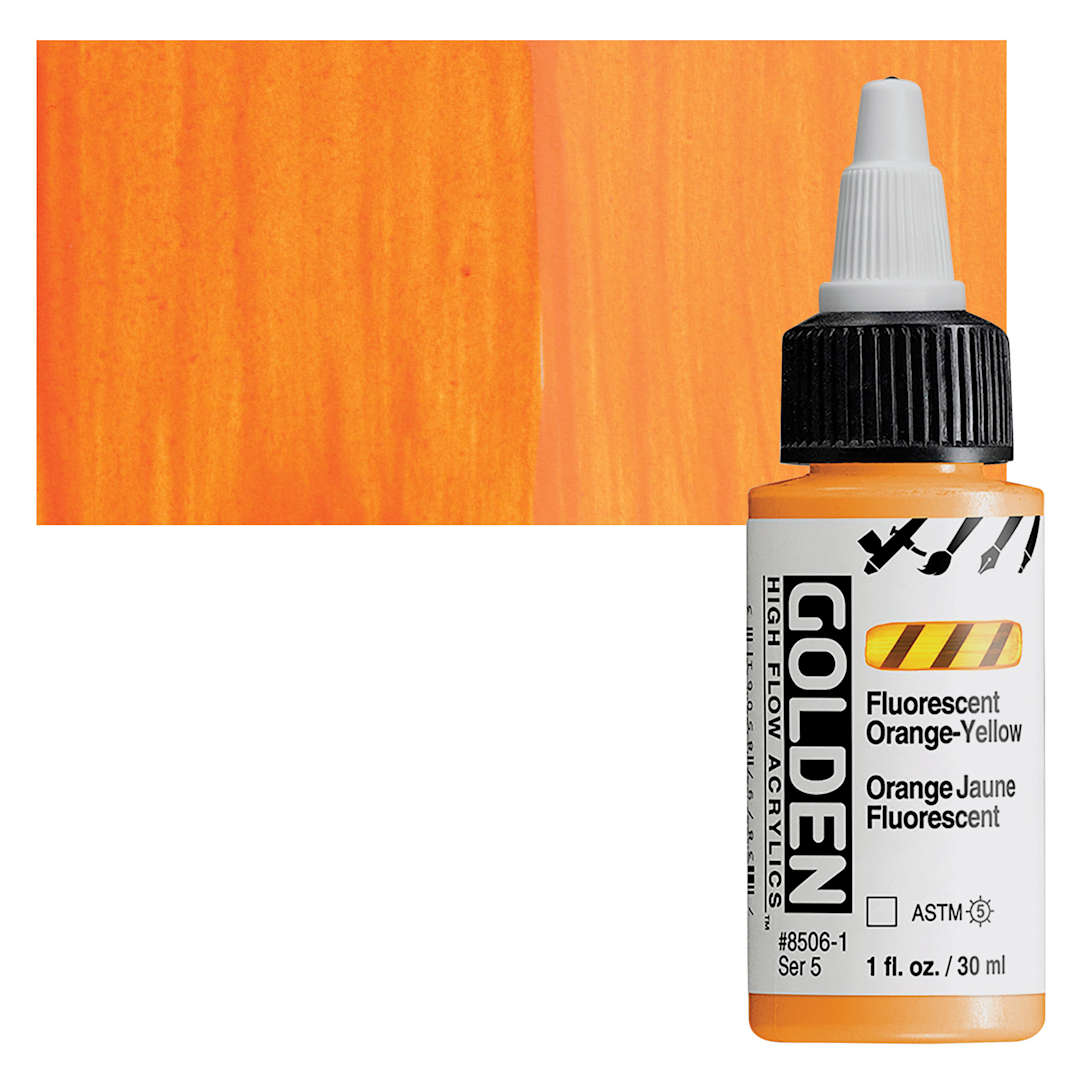 Open in modal - Golden High Flow Acrylic Paint - Fluorescent Orange-Yellow, 1 oz bottle and swatch