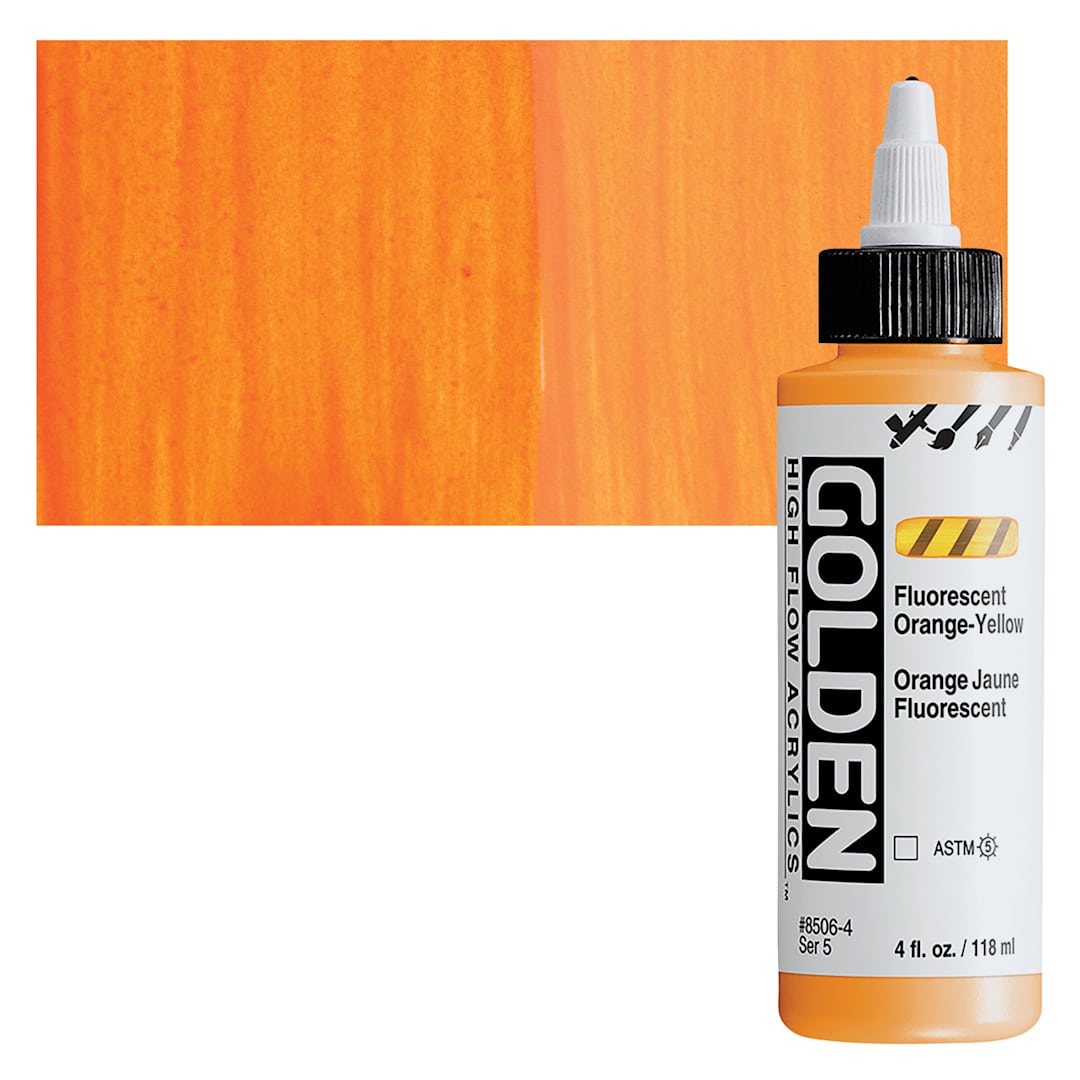 Open in modal - Golden High Flow Acrylic Paint - Fluorescent Orange-Yellow, 4 oz bottle and swatch
