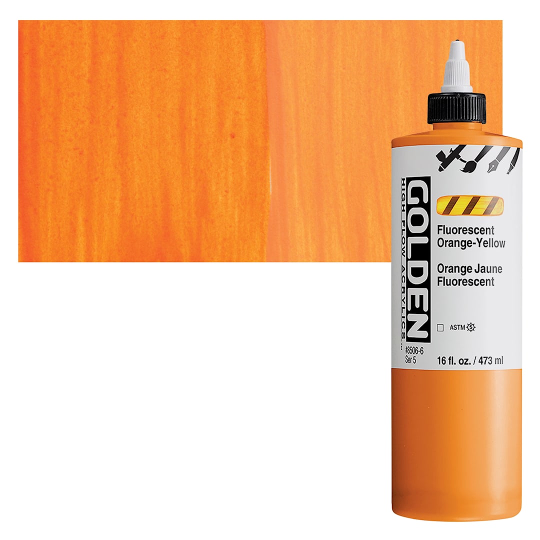 Open in modal - Golden High Flow Acrylic Paint - Fluorescent Orange-Yellow, 16 oz bottle and swatch