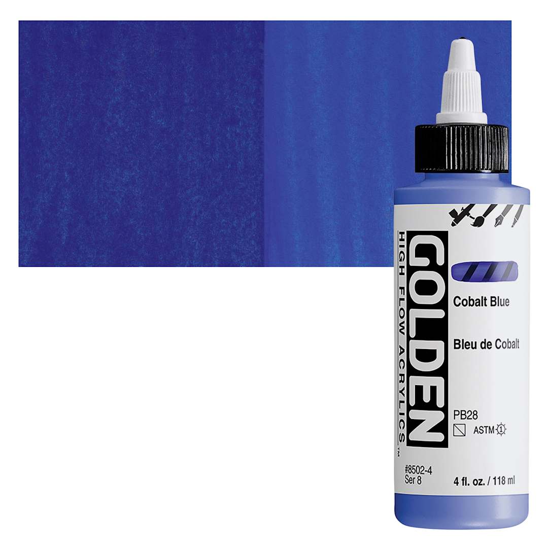 Open in modal - Golden High Flow Acrylic Paint - Cobalt Blue, 4 oz bottle and swatch