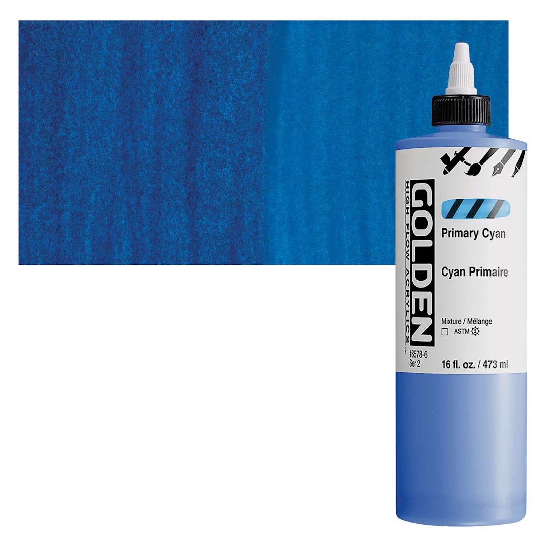 Open in modal - Golden High Flow Acrylic Paint - Primary Cyan, 16 oz bottle and swatch