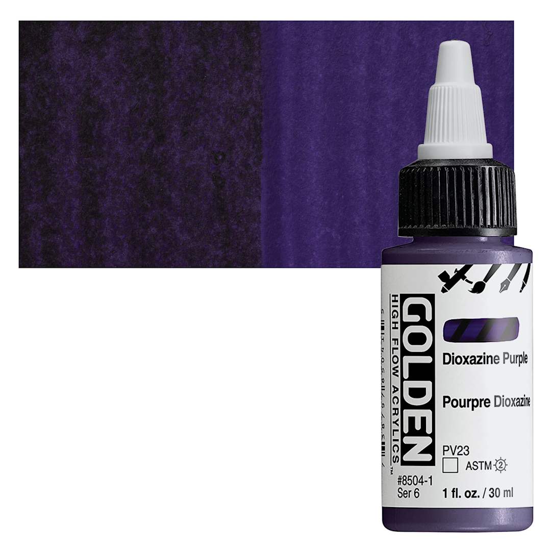 Open in modal - Golden High Flow Acrylic Paint - Dioxazine Purple, 1 oz bottle and swatch