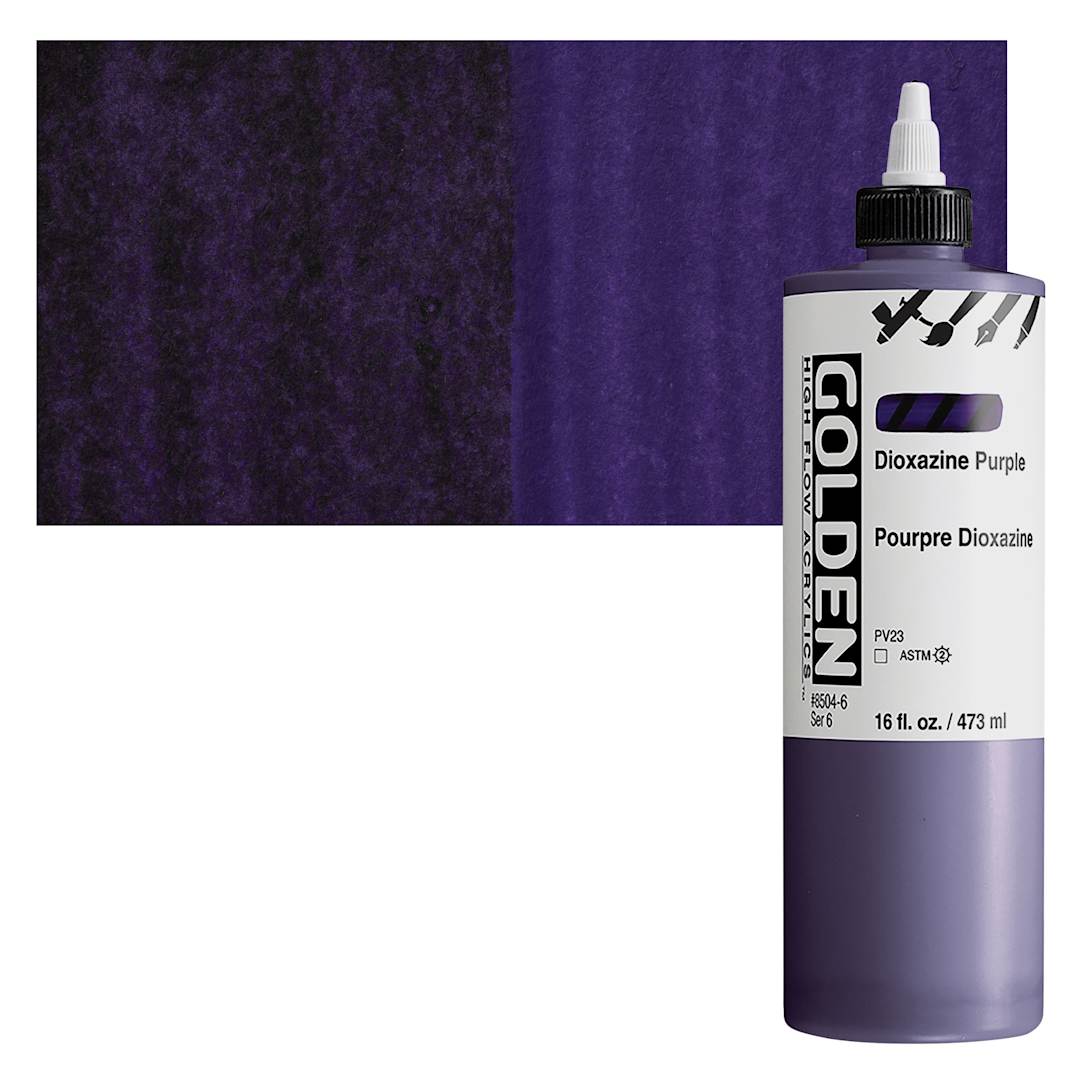 Open in modal - Golden High Flow Acrylic Paint - Dioxazine Purple, 16 oz bottle and swatch