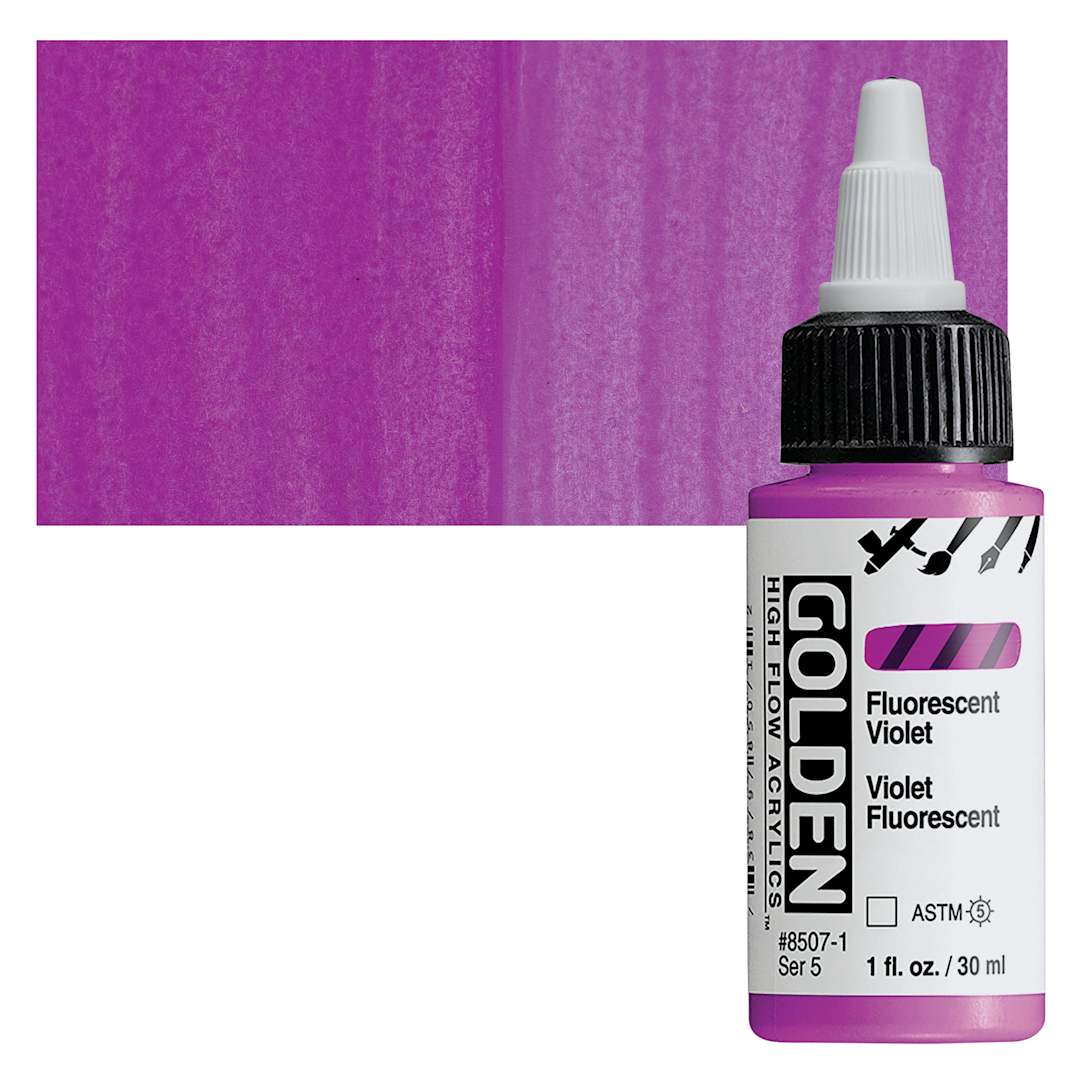 Open in modal - Golden High Flow Acrylic Paint - Fluorescent Violet, 1 oz bottle and swatch