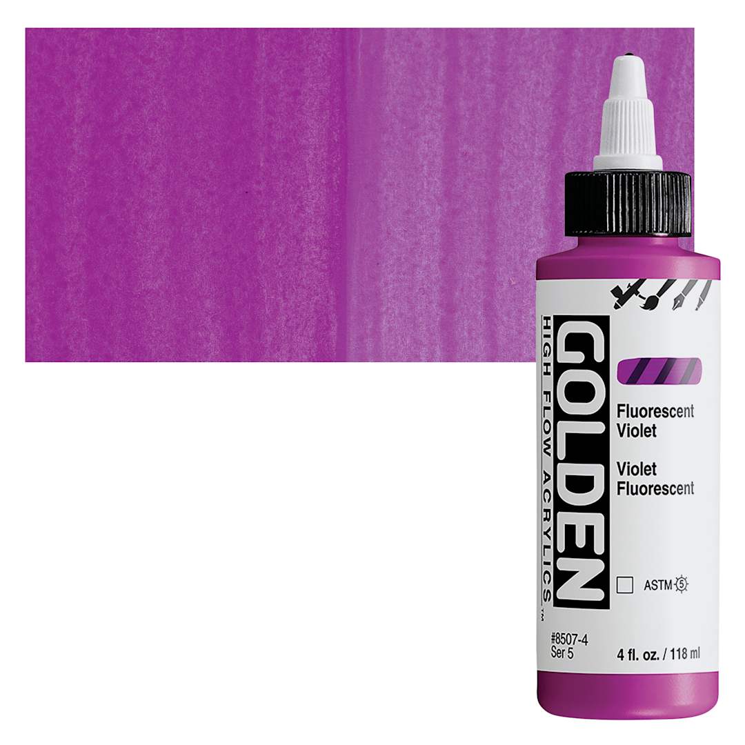 Open in modal - Golden High Flow Acrylic Paint - Fluorescent Violet, 4 oz bottle and swatch