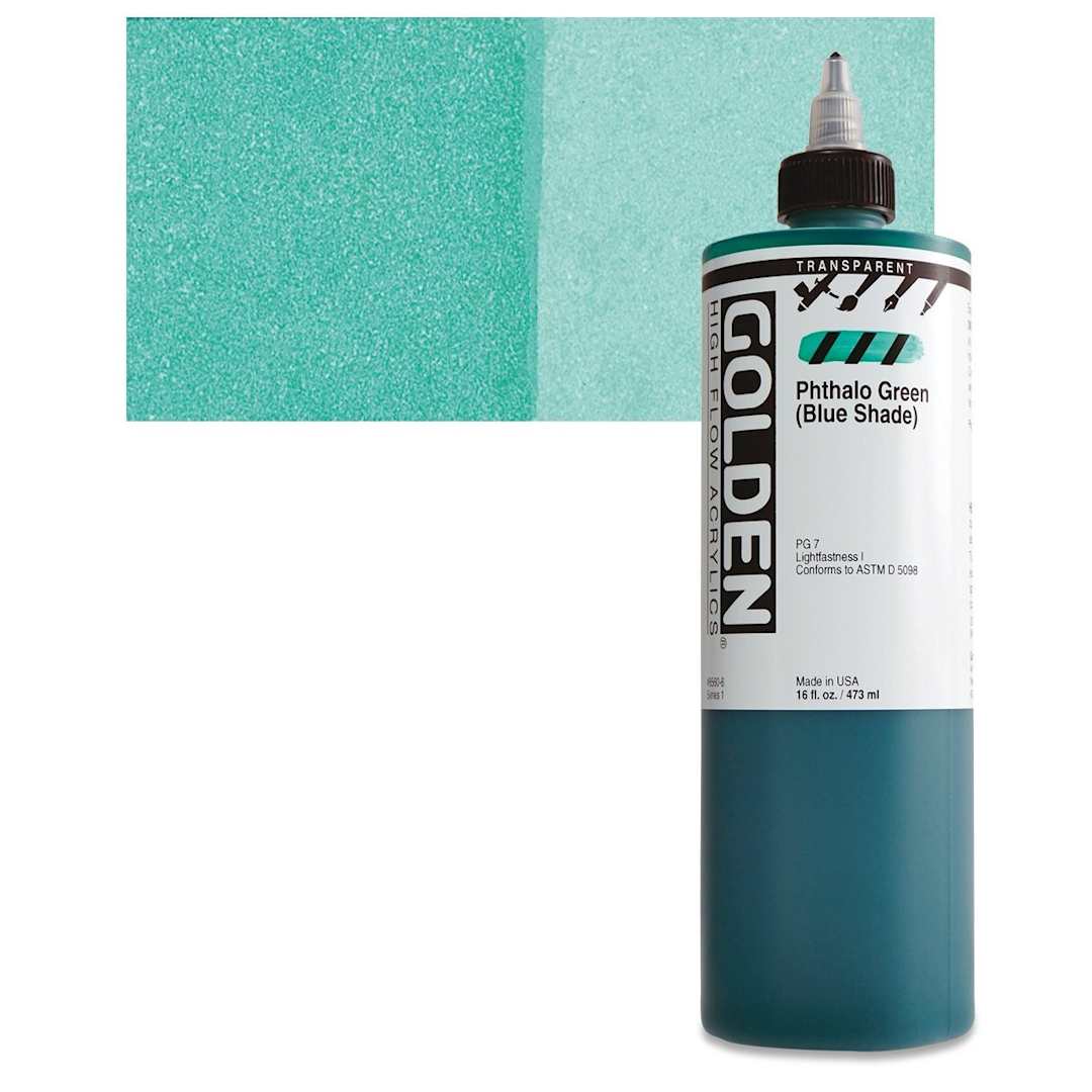 Open in modal - Golden High Flow Acrylic Paint - Transparent Phthalo Green (Blue Shade), 16 oz bottle and swatch