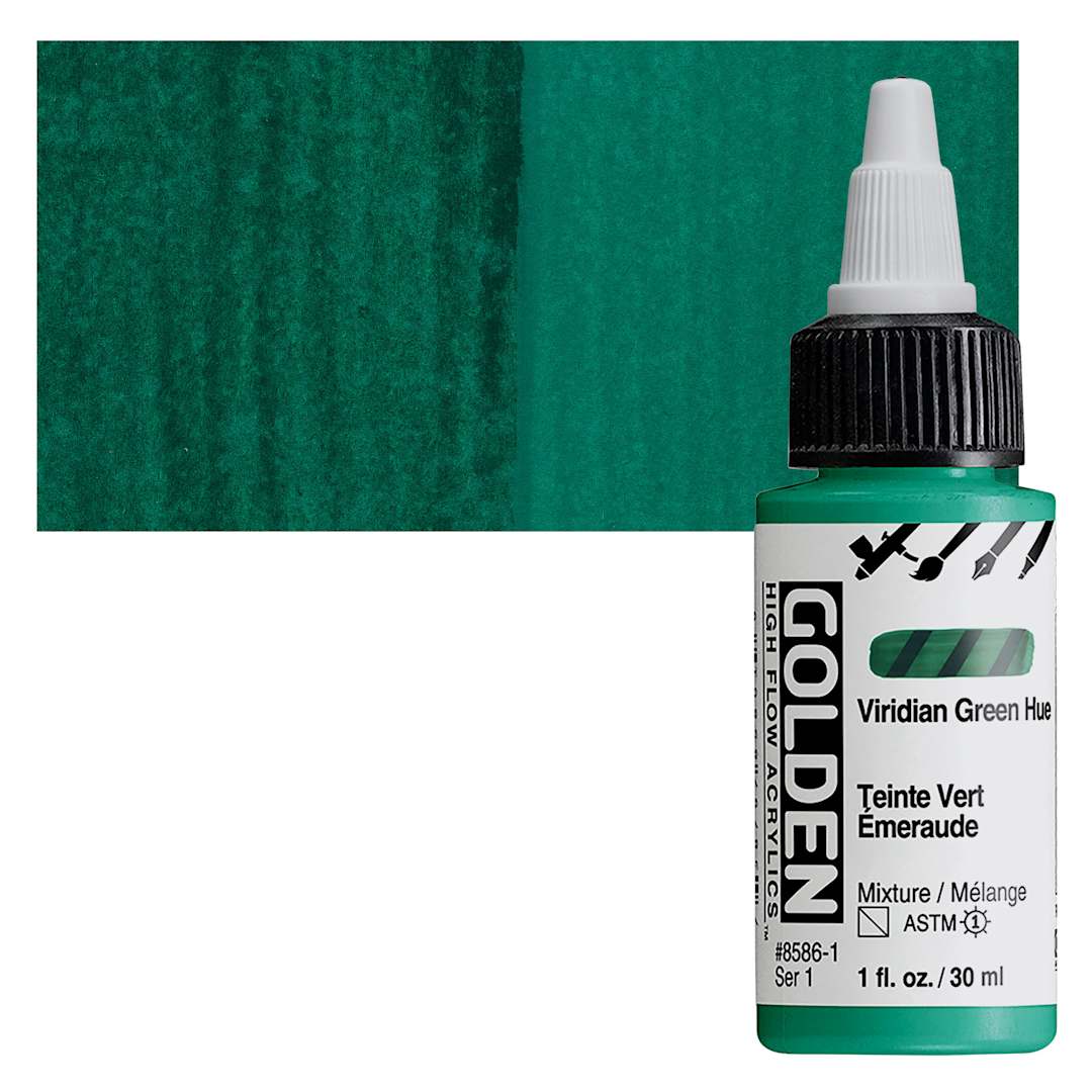 Open in modal - Golden High Flow Acrylic Paint - Viridian Green Hue, 1 oz bottle and swatch