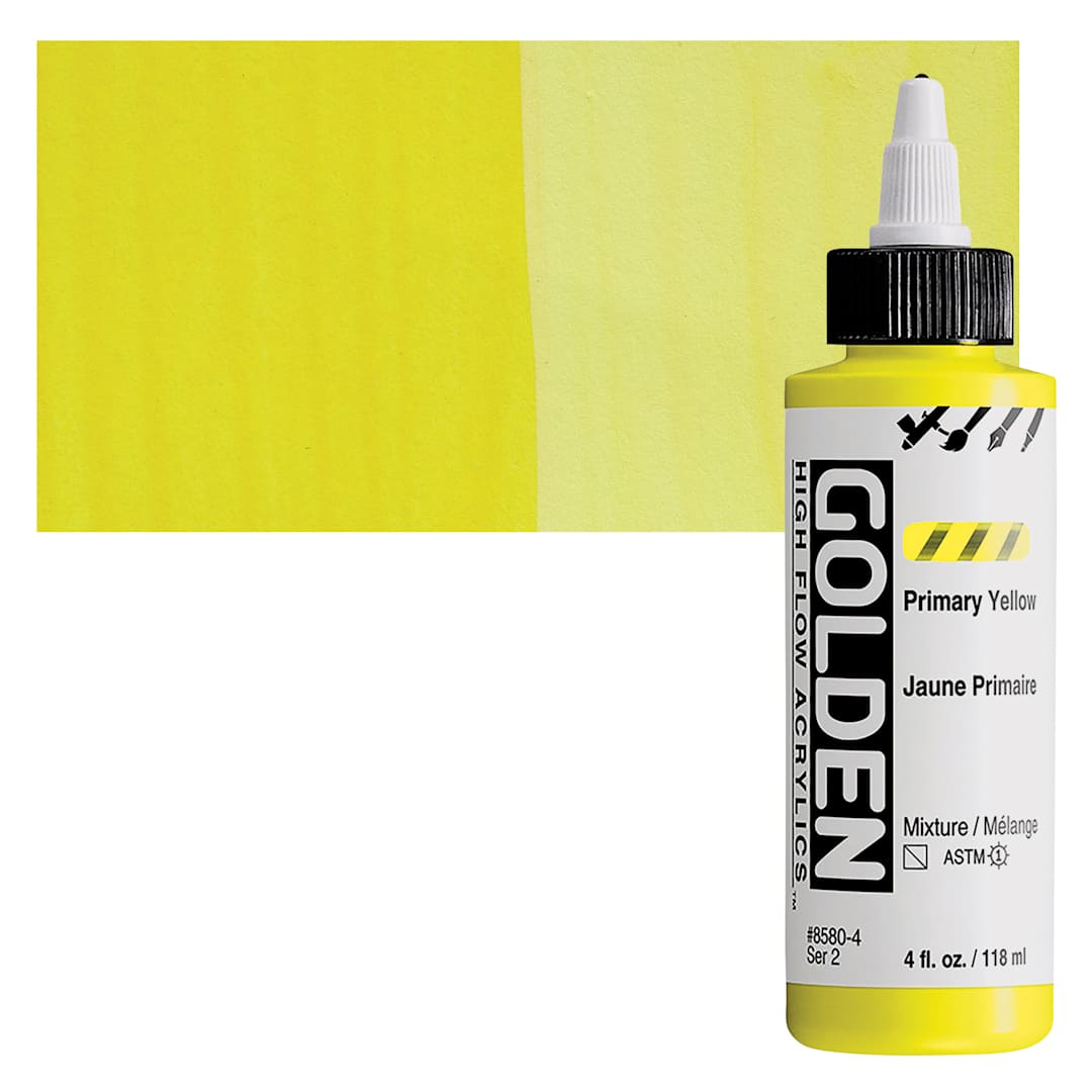 Open in modal - Golden High Flow Acrylic Paint - Primary Yellow, 4 oz bottle and swatch