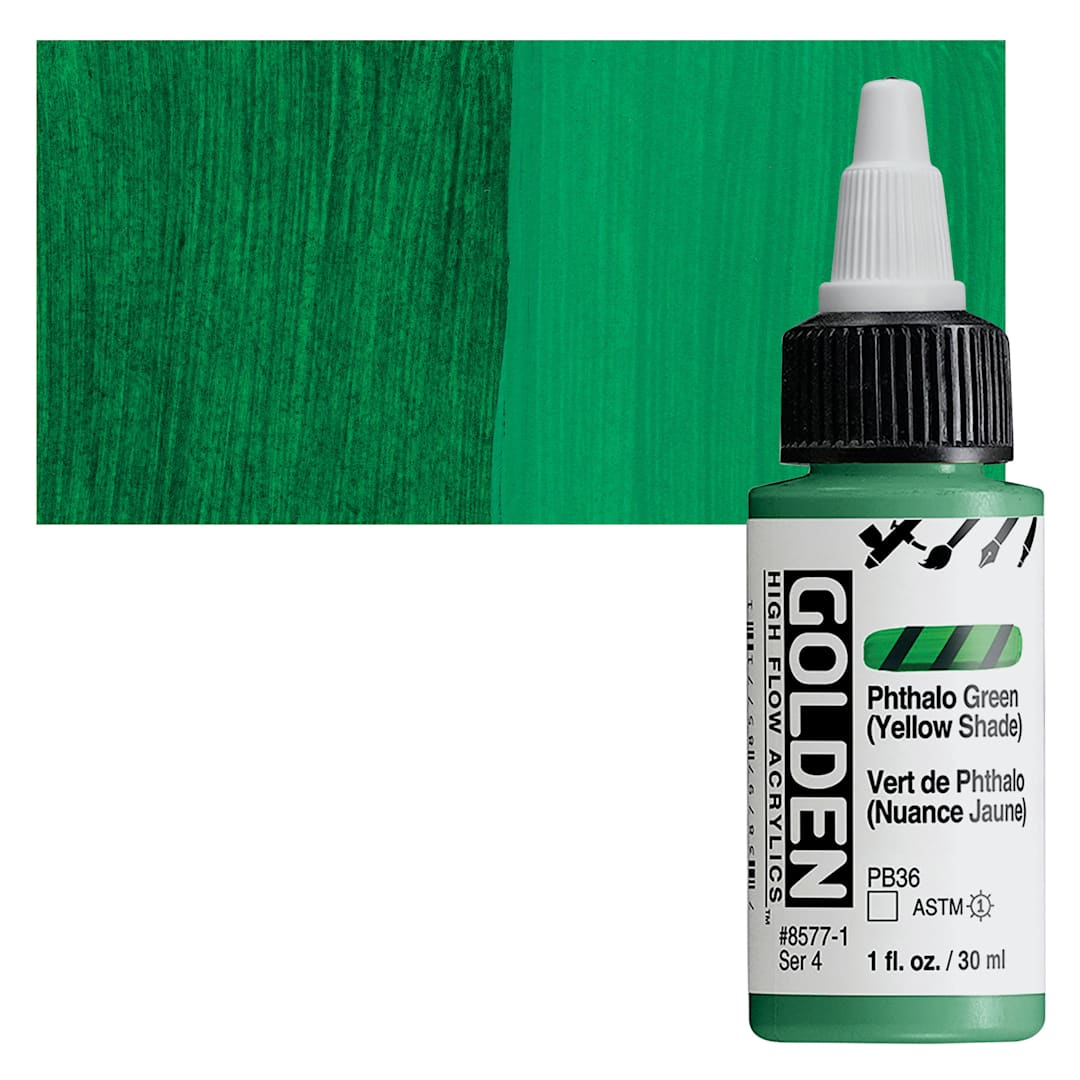 Open in modal - Golden High Flow Acrylic Paint - Phthalo Green (Yellow Shade), 1 oz bottle and swatch