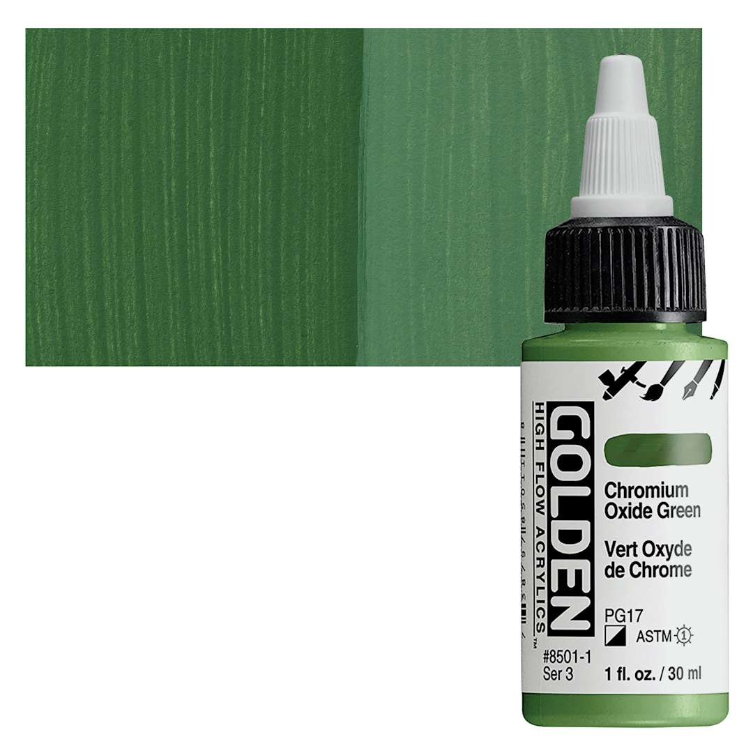 Open in modal - Golden High Flow Acrylic Paint - Chromium Oxide Green, 1 oz bottle and swatch