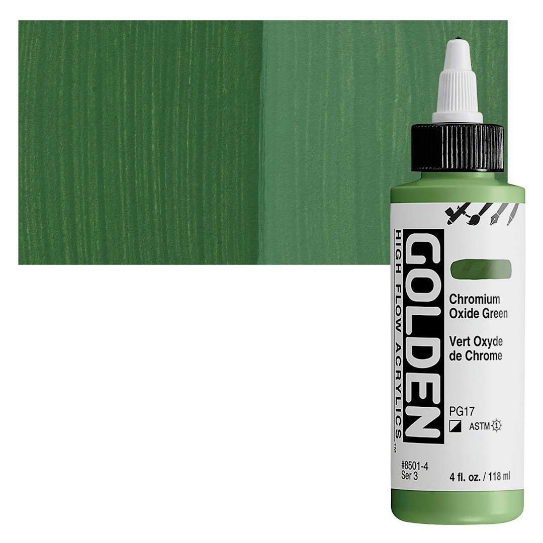 Open in modal - Golden High Flow Acrylic Paint - Chromium Oxide Green, 4 oz bottle and swatch