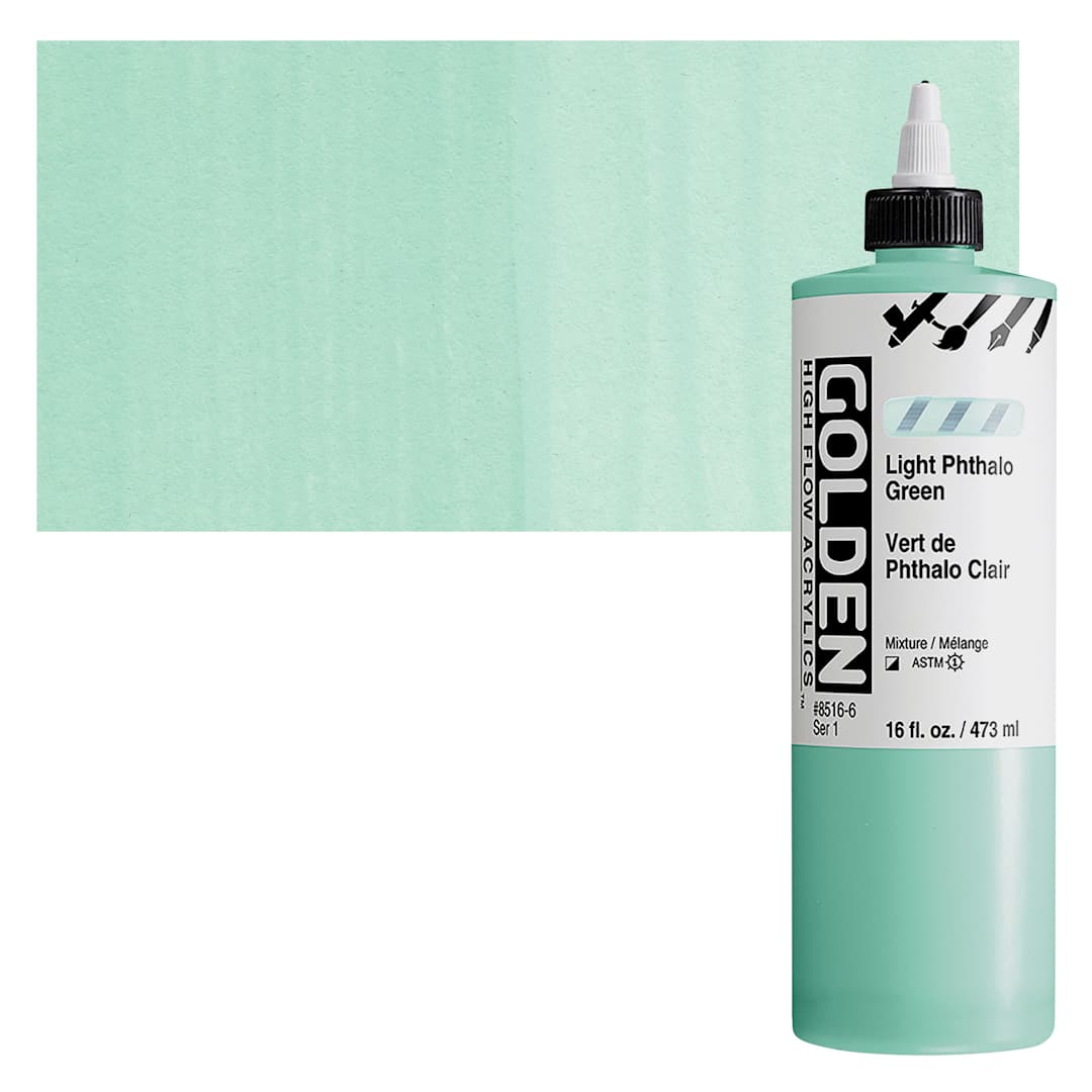 Open in modal - Golden High Flow Acrylic Paint - Light Phthalo Green, 16 oz bottle and swatch
