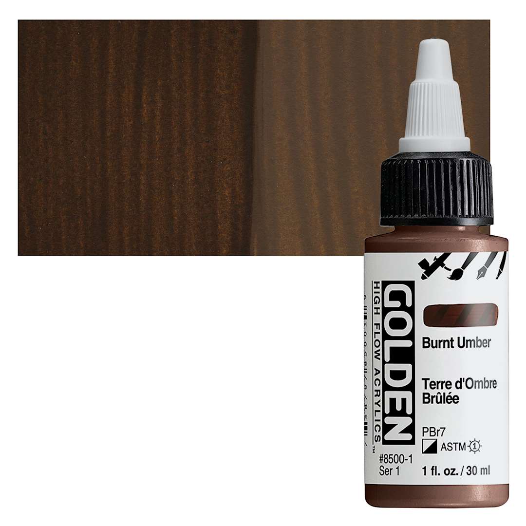 Open in modal - Golden High Flow Acrylic Paint - Burnt Umber, 1 oz bottle and swatch