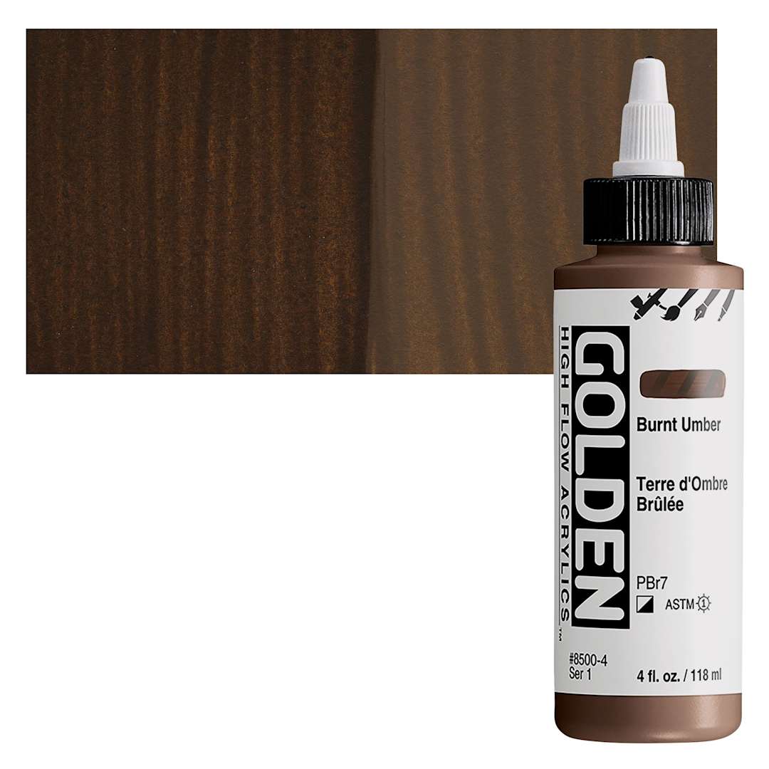 Open in modal - Golden High Flow Acrylic Paint - Burnt Umber, 4 oz bottle and swatch