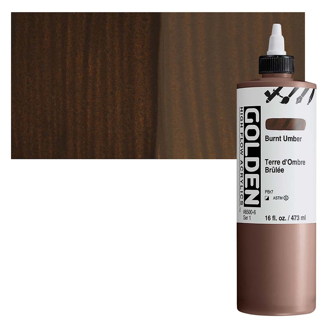Open in modal - Golden High Flow Acrylic Paint - Burnt Umber, 16 oz bottle and swatch