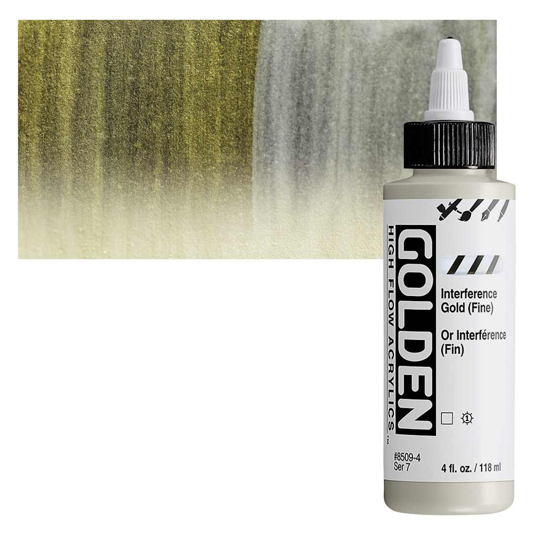 Open in modal - Golden High Flow Acrylic Paint - Interference Gold (Fine), 4 oz bottle and swatch
