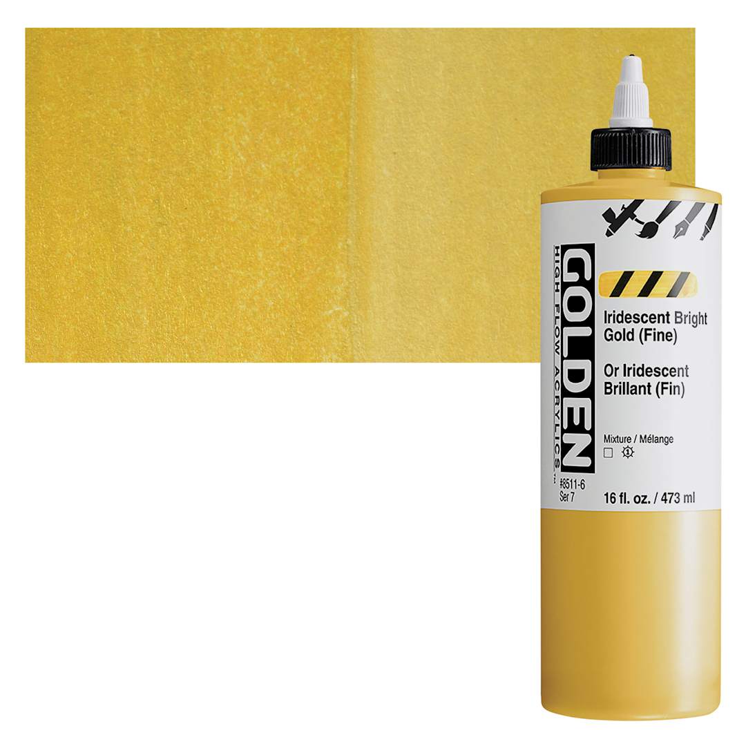 Open in modal - Golden High Flow Acrylic Paint - Iridescent Bright Gold (Fine), 16 oz bottle and swatch