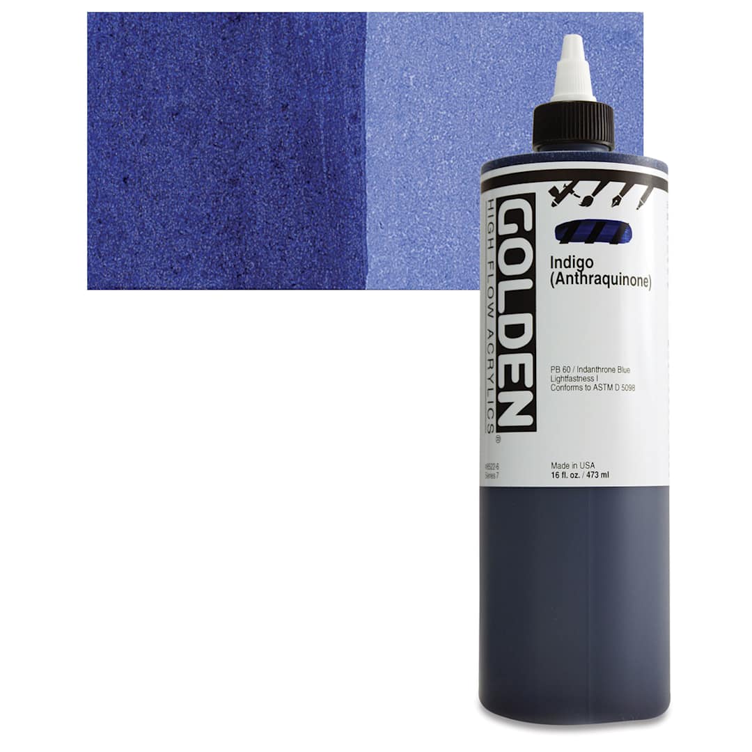 Open in modal - Golden High Flow Acrylic Paint - Anthraquinone Blue (Indigo), 16 oz bottle and swatch