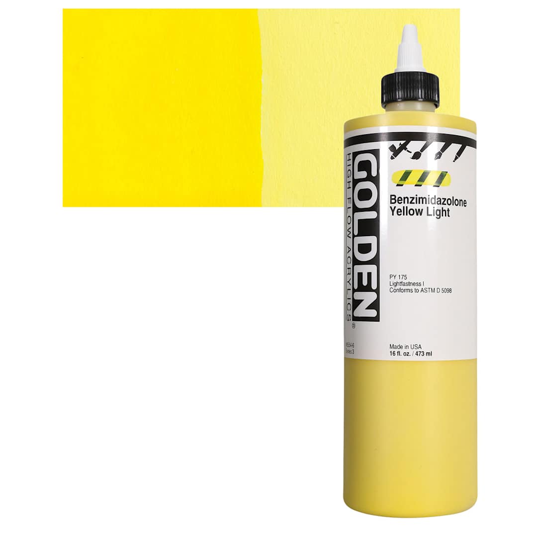 Open in modal - Golden High Flow Acrylic Paint - Benzimidazolone Yellow Light, 16 oz bottle and swatch
