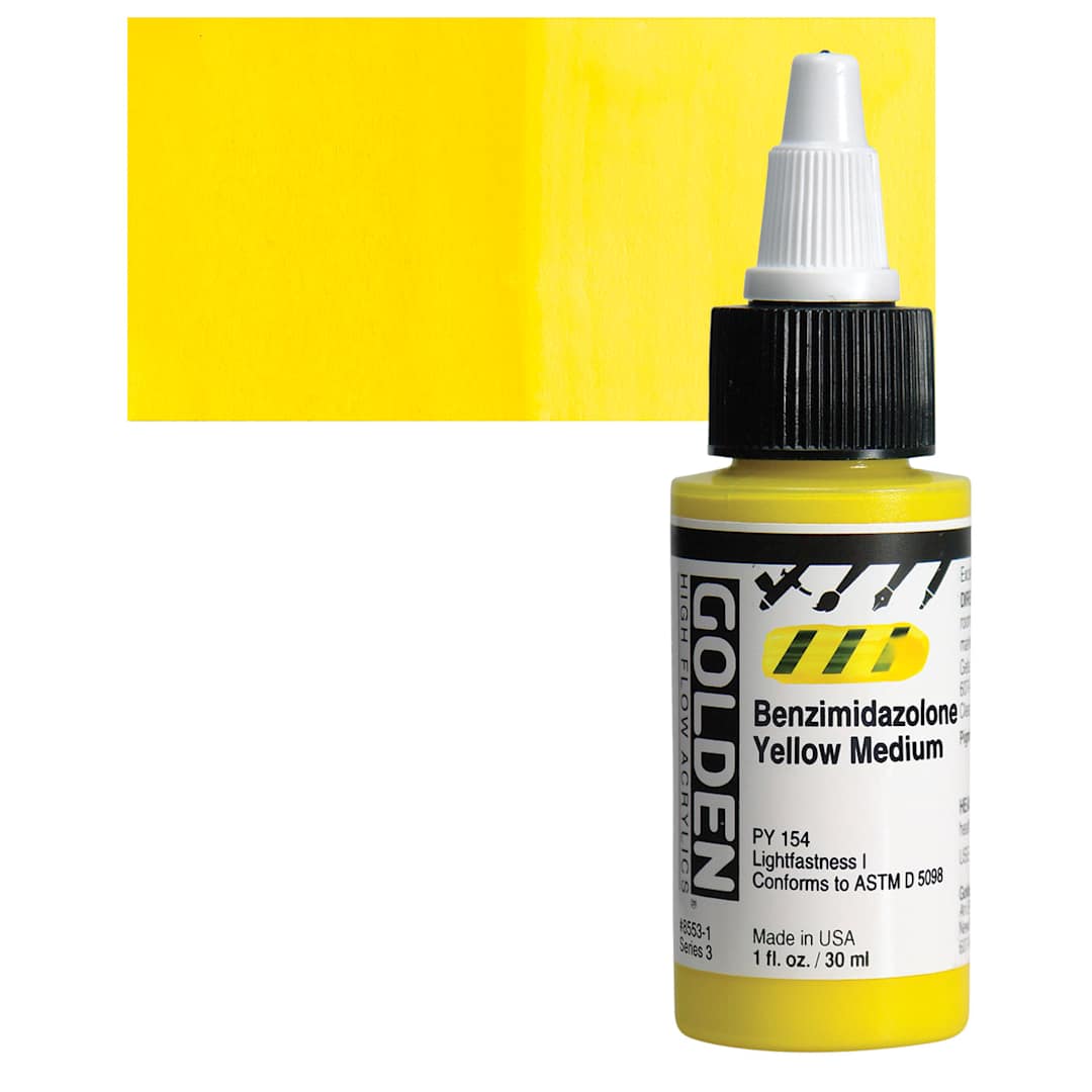Open in modal - Golden High Flow Acrylic Paint - Benzimidazolone Yellow Medium, 1 oz bottle and swatch