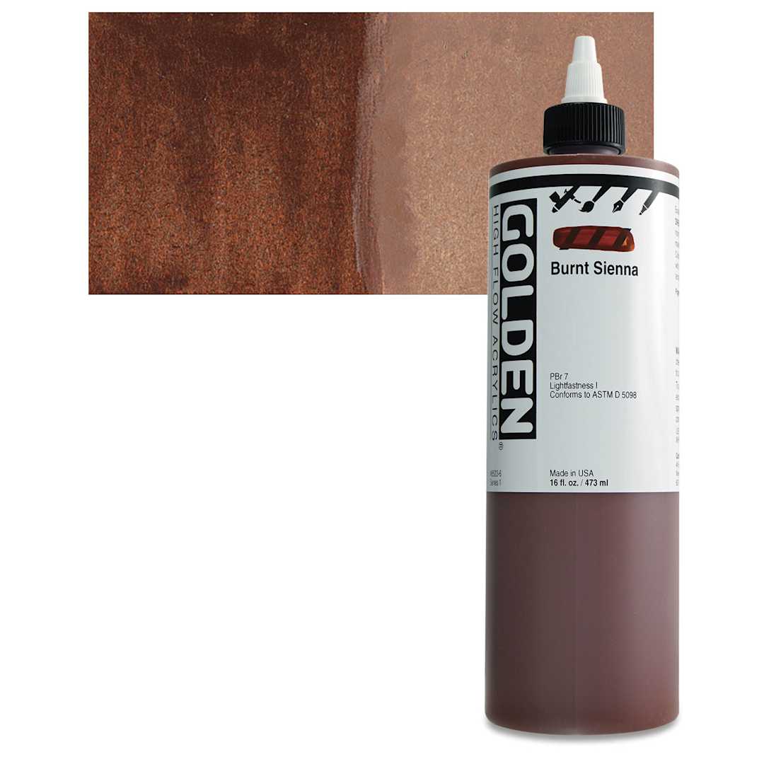 Open in modal - Golden High Flow Acrylic Paint - Burnt Sienna, 16 oz bottle and swatch