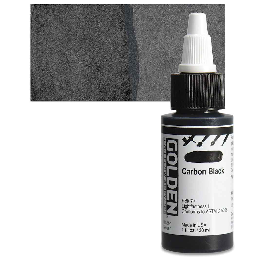 Open in modal - Golden High Flow Acrylic Paint - Carbon Black, 1 oz bottle and swatch
